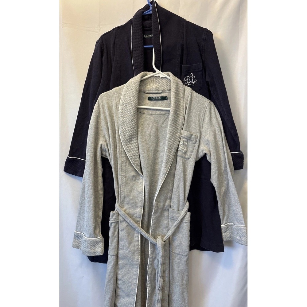 2 Lauren Ralph Lauren Robes Womens S Blue/Gray Cotton Belt Bathrobe LRL Monogram